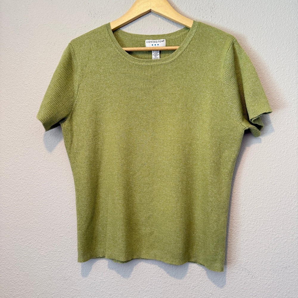 Covington Womens Sage Green Ribbed Short Sleeve Knit Sweater Top 16-18W